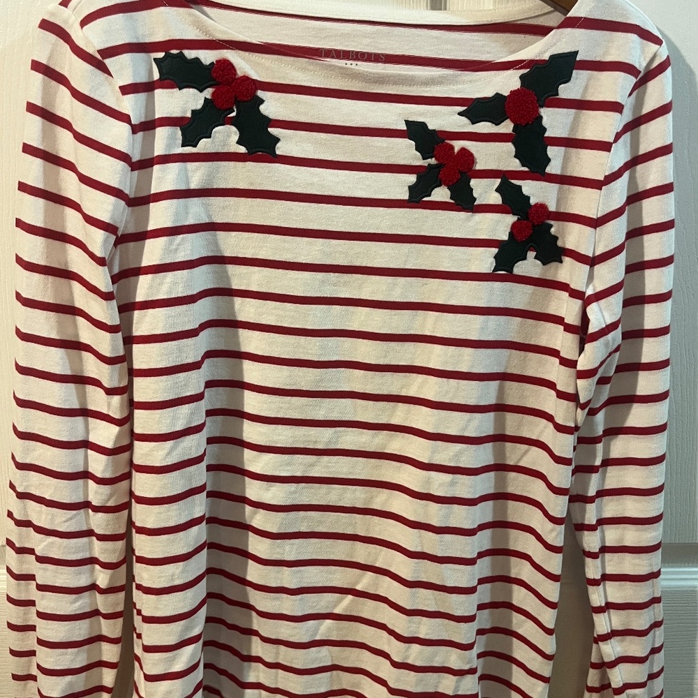 Talbots Holiday Red White Striped Holly Shirt Long Sleeves Women’s S - NEW